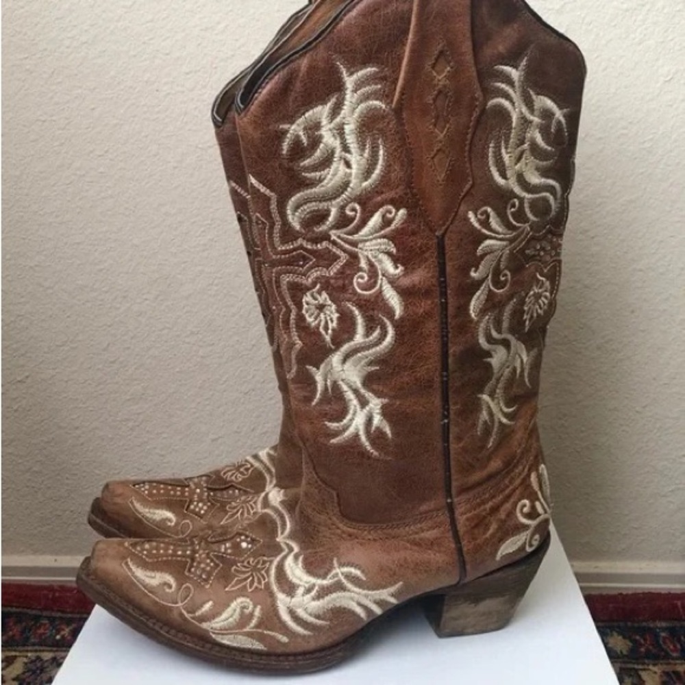 Corral brown cowboy boots western cowgirl cross crystal rhinestone embroidered